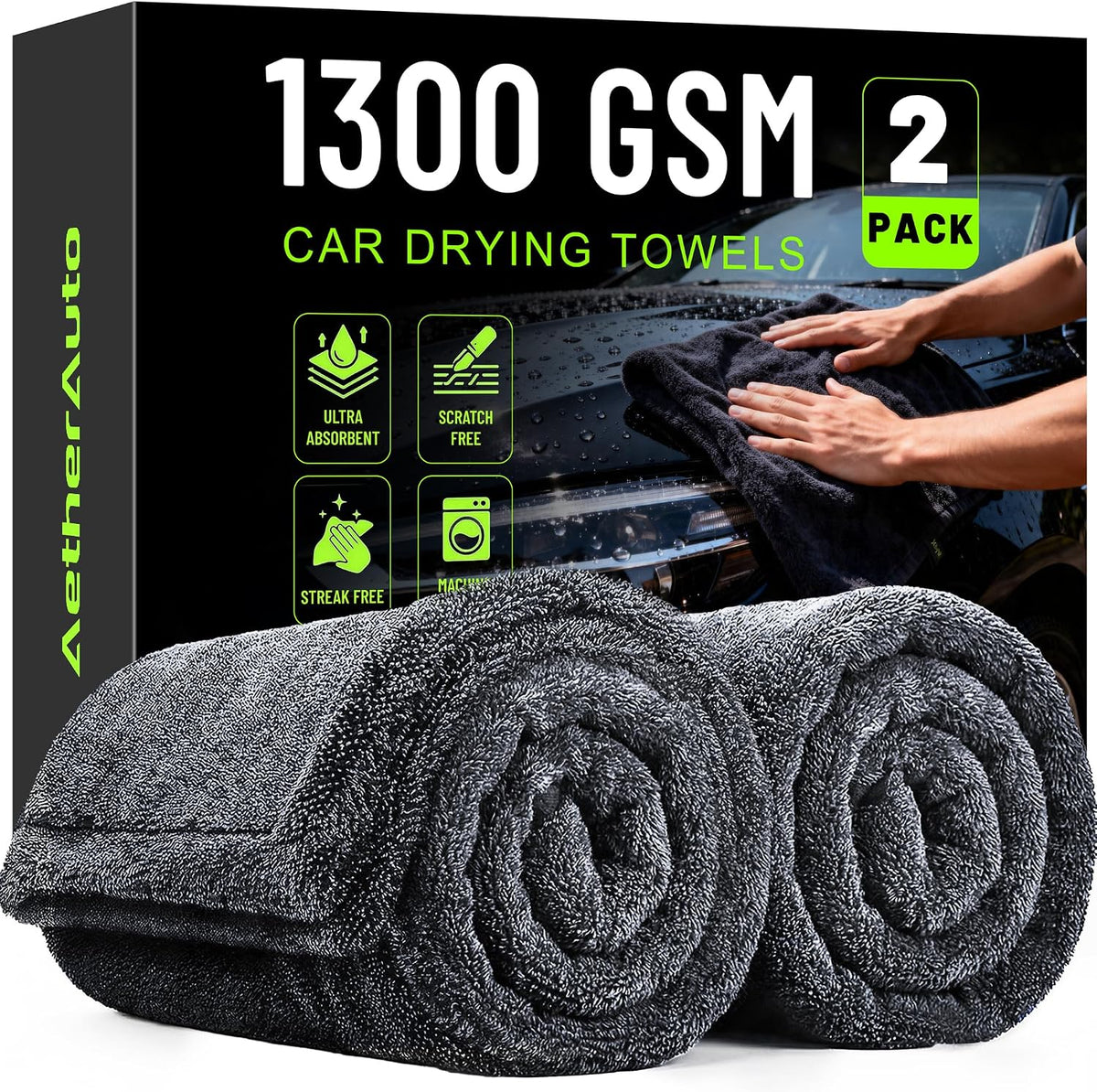 𝟏𝟑𝟎𝟎GSM Car Drying Towels: 2-Pack 36"X24" - Super Absorbent