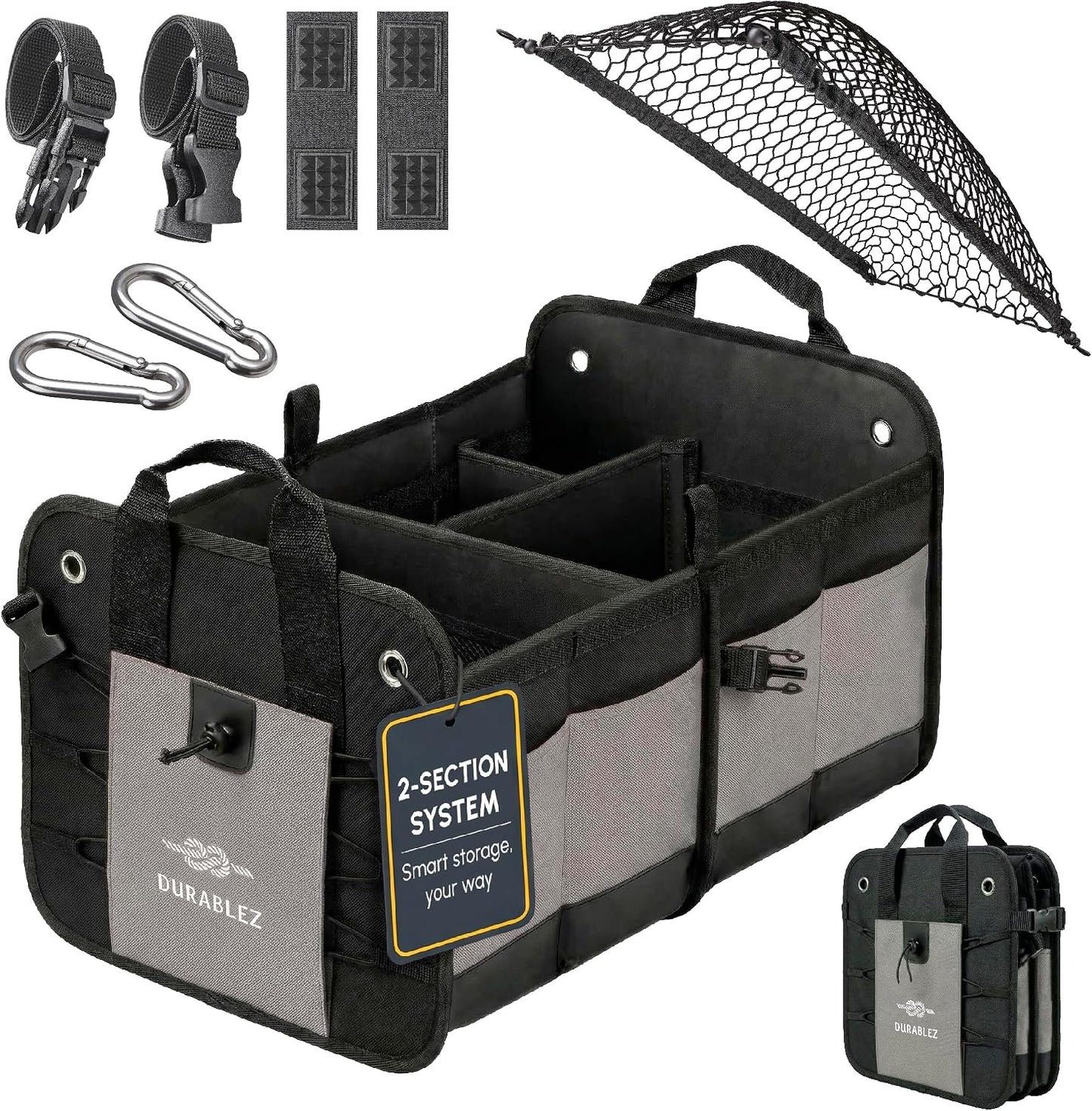 Compact Car Trunk Organizer 2-Section – Grocery, Tools, Cleaning Supplies Storage – Foldable Dual-Compartment Cargo Bin with Cover Net – Gray