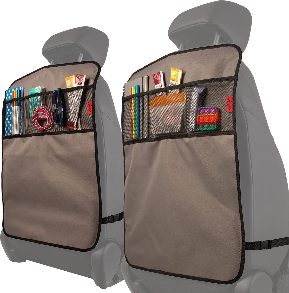 Lusso Gear Heavy Duty Kick Mats (2 Pk) - Back Seat Protector, Sag Proof, Waterproof, Car Back Seat Cover for Kids Who Make Big Messes, 3 Reinforced Storage Pockets, Premium Oxford Fabric (Gray)