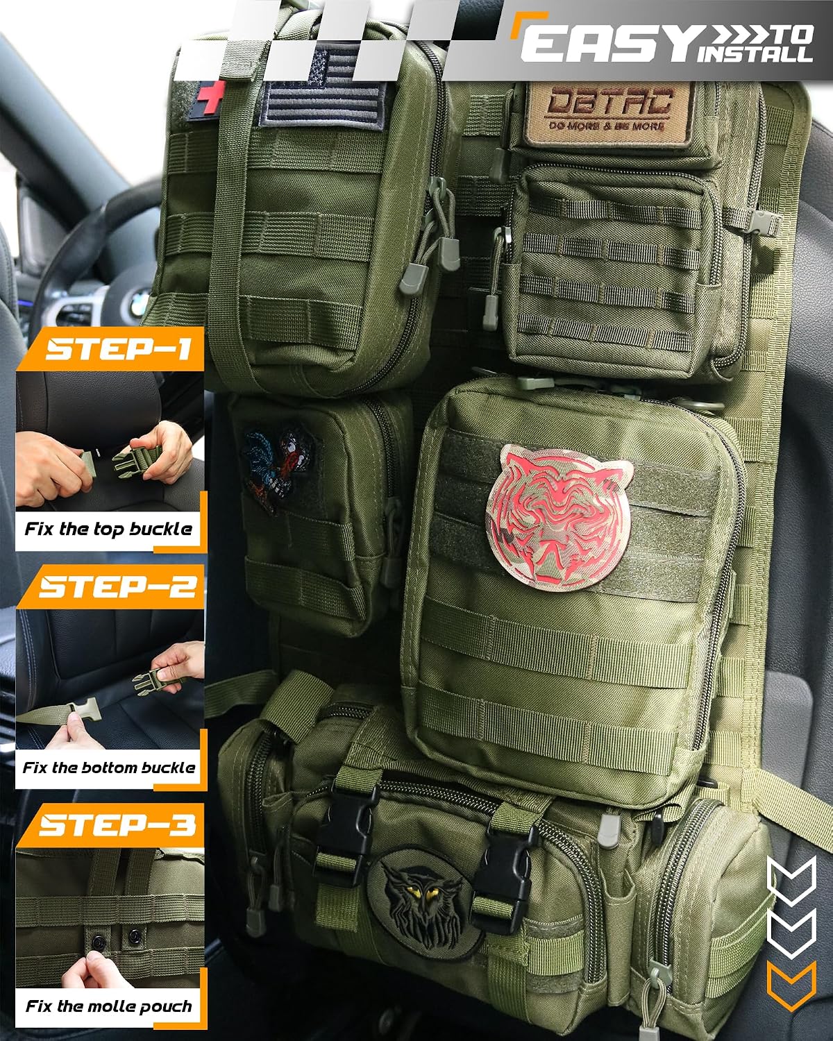 DBTAC Tactical Molle Car Seat Organizer | Vehicle Back Panel with 5X Detachable Pouches, US Flag & Writable Reflective Patch for Cars, Trucks, SUVs, Sedans
