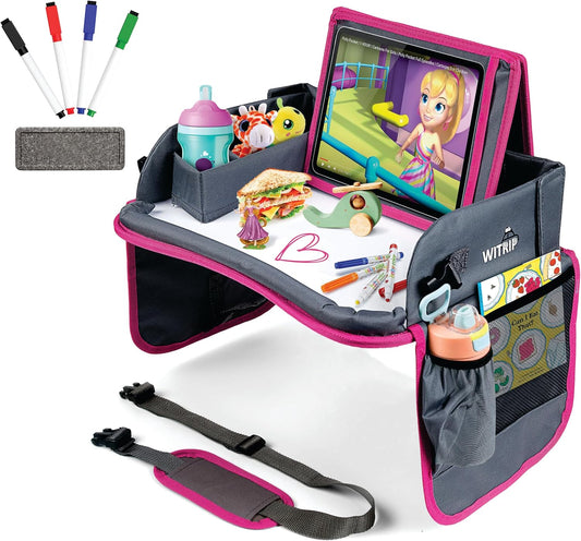 Kids Travel Tray with Dry Erase Board - Car Seat Tray for Kids Travel, Carseat Table Top for Toddler, Lap Desk for Car Seat, Activity Organizer & Snack Holder, Road Trip Essentials for Kid (Pink)