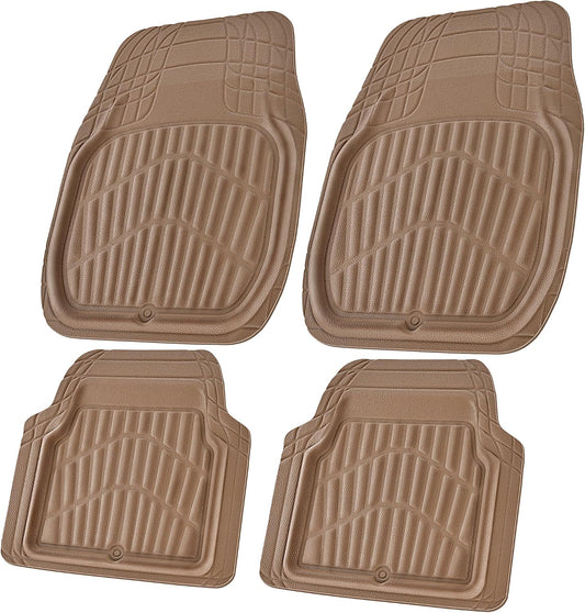 CASS Pass 4 Piece Leather Car Floor Mats -3D Waterproof All Weather, Universal Trim to Fit & Anti-Slip Burr Bottom Safety & Light Easy Clean Install for SUV Truck Auto Sedan Van (Beige)