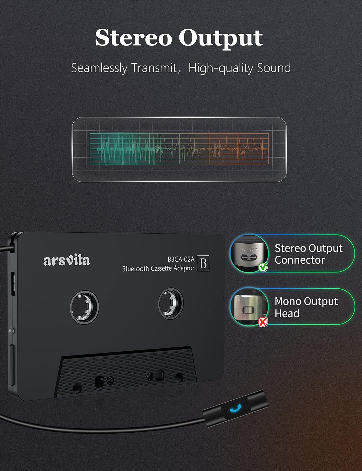 arsvita Bluetooth 5.0 Cassette to Aux Adapter for Car, Charcoal Black