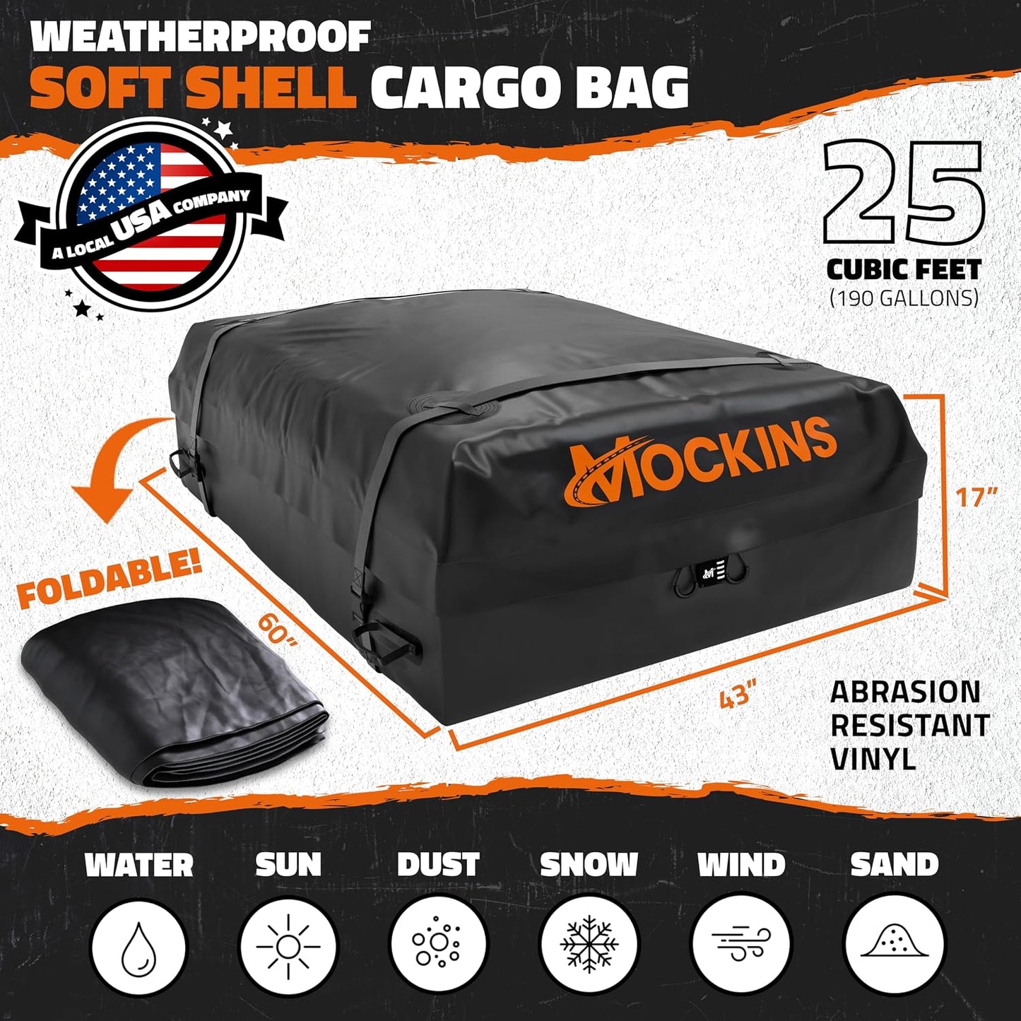 Mockins 25 CuFt Waterproof Rooftop Cargo Carrier Bag | 60"x43"x17" All-Weather 500D Soft-Shell Vinyl Car Top Carrier Without Roof Rack | Vehicle Soft-Shell Carriers with Roof Mat, Lock, Hooks & Straps