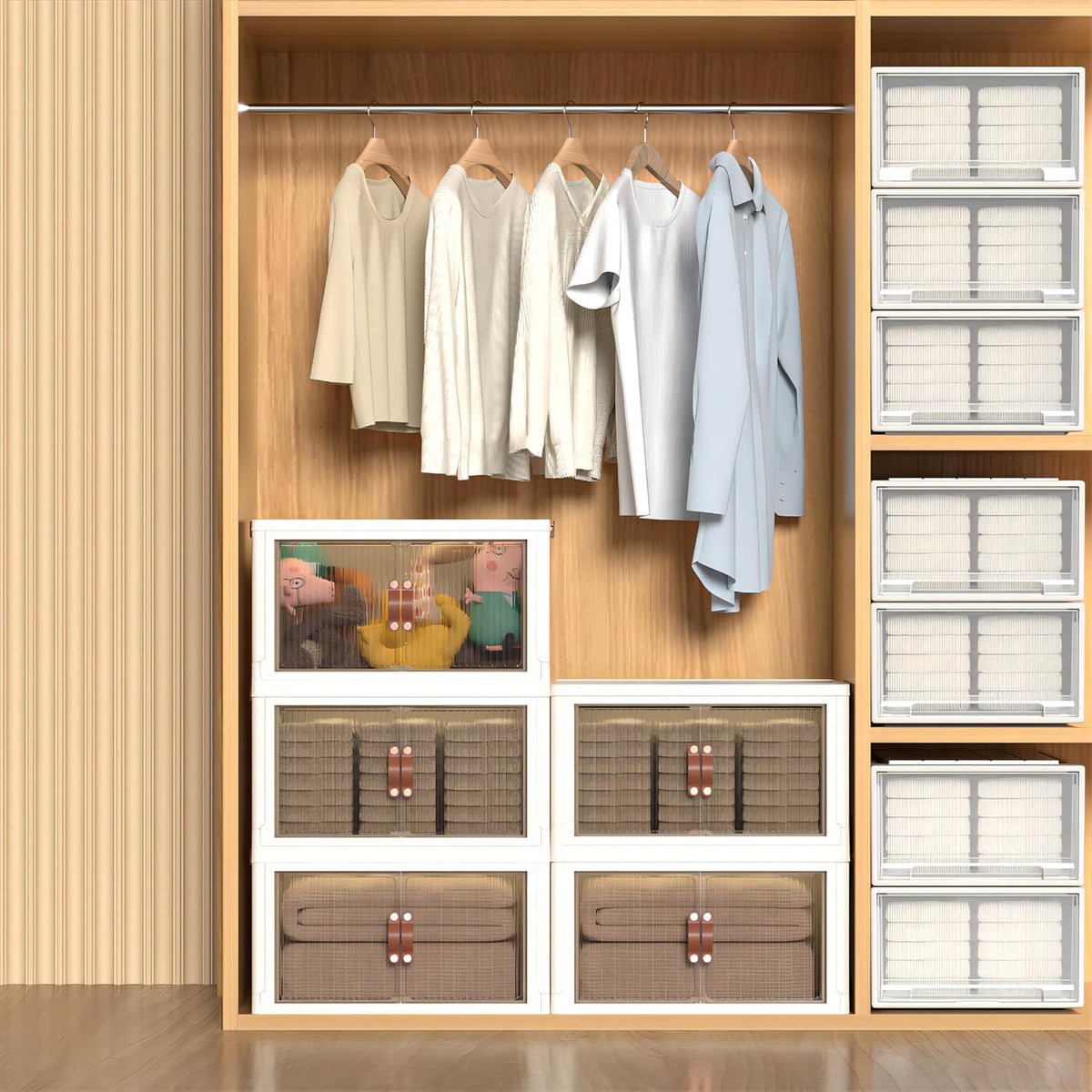 Collapsible Storage Bins with Lids - Stackable Plastic Closet Organizers for Clothes, and Home Organization White (2-rack, 30Gal/rack)
