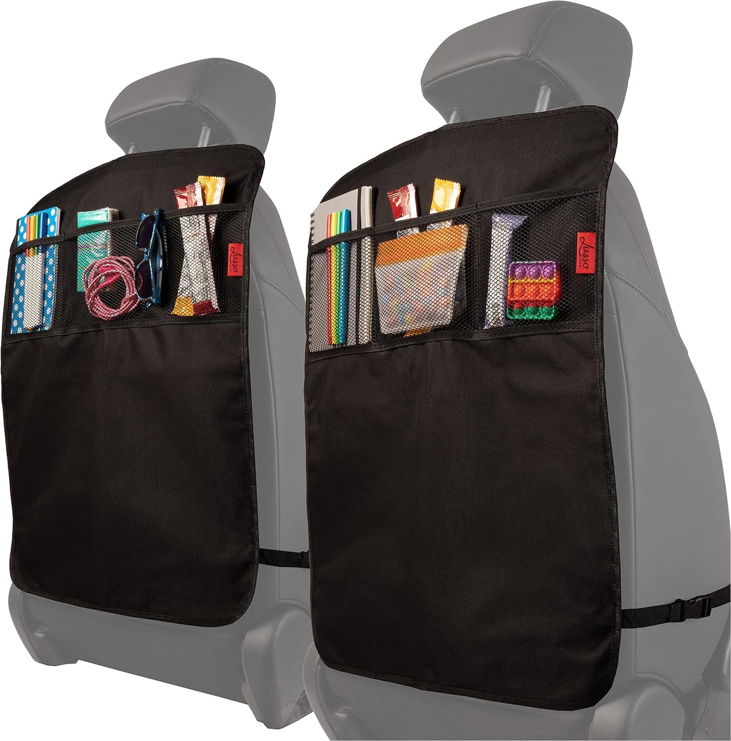 Lusso Gear Kick Mats (2 Pack) - Car Seat Back Protectors, Premium Waterproof Fabric, Reinforced Corners to Prevent Sag, and 4 Mesh Pockets for Large Storage (Gray)