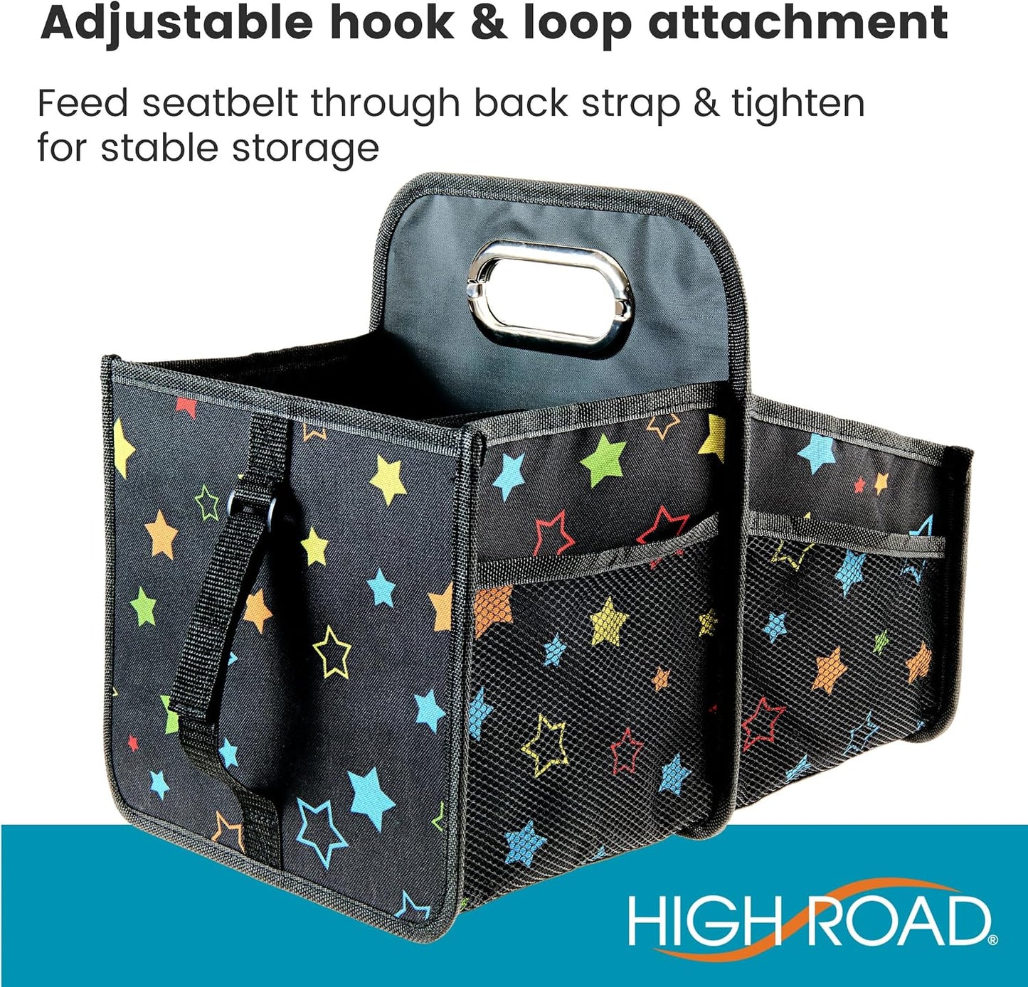 High Road Car Seat Caddy Organizer with Cup Holders - Middle Seat Car Organizer for Kids or Passenger Seat Organizer for Drivers - Portable Car Storage Bin with Easy Carry Handle (Starry Night)