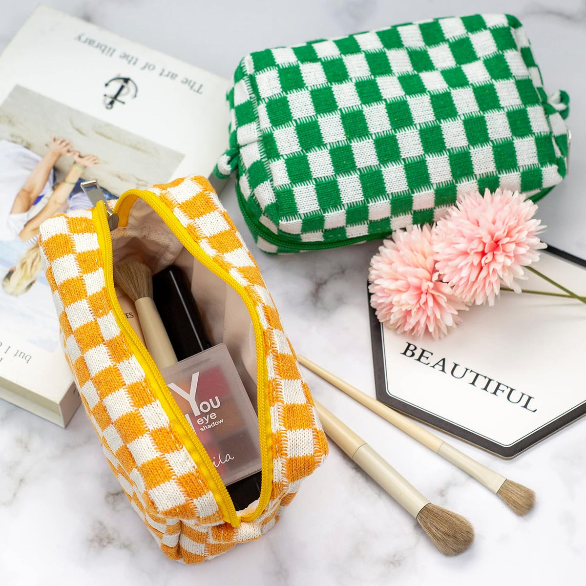 Checkered Makeup Bag for Purse, Small Travel Cosmetic Pouch,Orange,6 Pack
