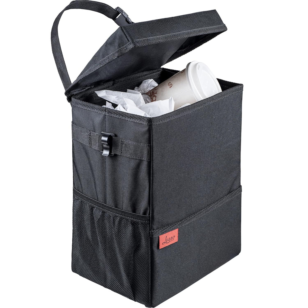 Lusso Gear Car Trash Can, 3.5 Gallon Capacity, Black Color, Manual-Lift Opening Mechanism