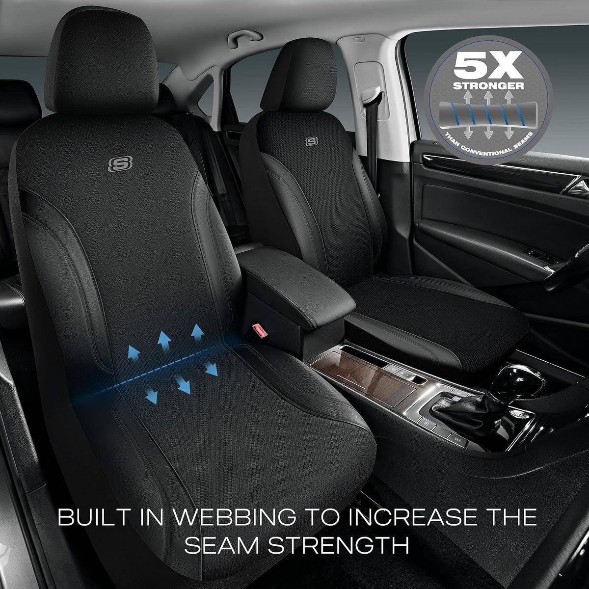 Skechers Seat Covers, Work Leather Car Seat Covers 5-Times Stronger Built-in Webbing, Oxford Fabric Front Seat Cover, Airbag Compatible, Automotive Comfort for Cars, Trucks, SUVs,Black