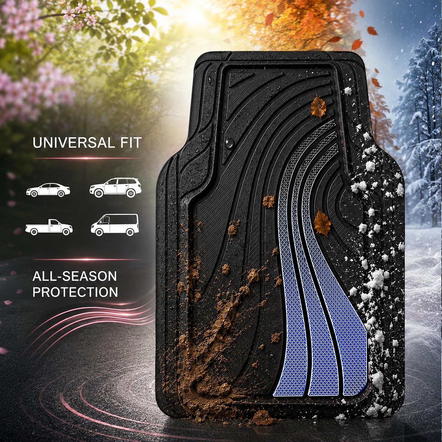 Road Comforts Car Floor Mats Full Set – Front & Rear Car Floor Mats with Aluminum Design, Anti-Slip Backing, All-Weather Protection, Trim-to-Fit Car Mats for Most Sedans, SUVs & Vans - - Blue