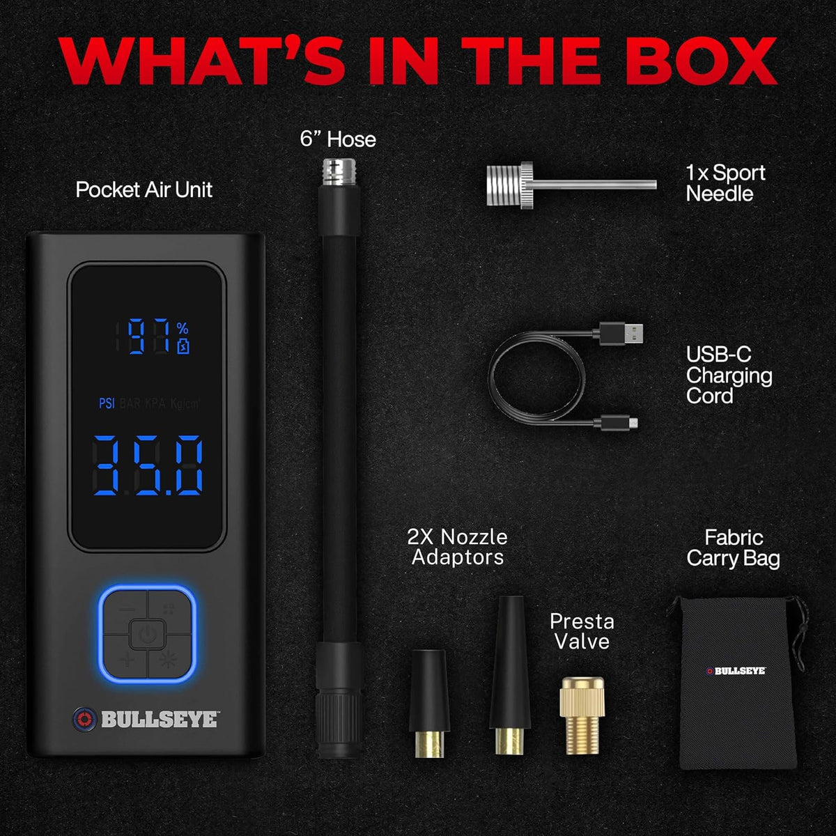 POCKET AIR Tire Inflator Portable Air Compressor by BULLSEYE for Tires, Balls, Bike with Persta Valve, Auto Shut Off, Inflates in 2 Min, Cordless Rechargeable 4000MAH,100 PSI, SoS Light