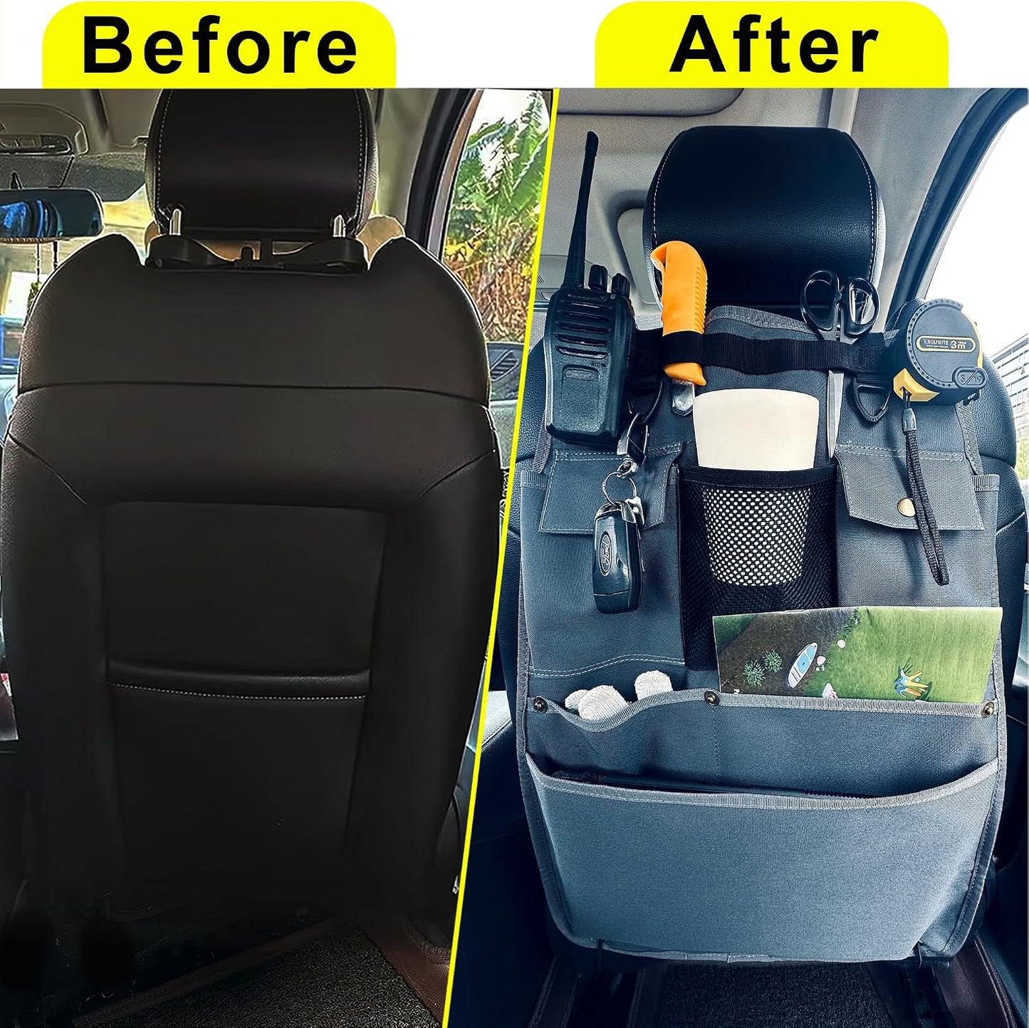Car Seat Back Organizer with Multiple Pockets and Hooks (grey)