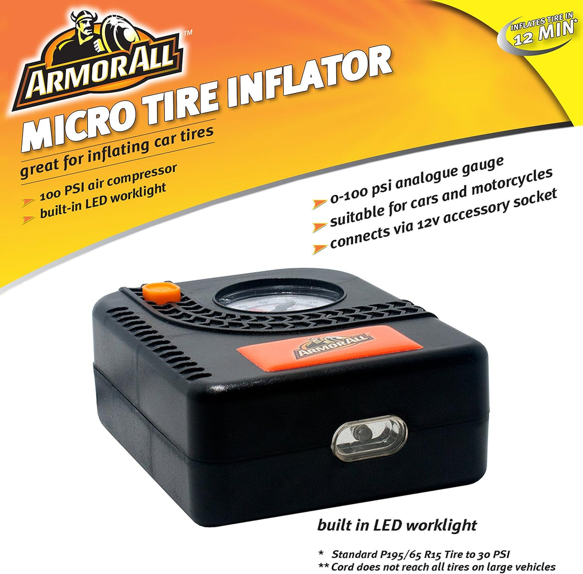 Armor All Micro Tire Inflator Air Compressor - Pump for Automobile, Car, Truck, Bike, Auto With Pressure Gauge, LED Light - 12v Portable, Battery Clips