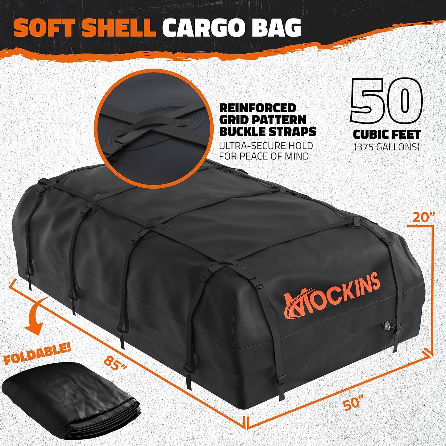 Mockins 90"x50"x5" XXL Heavy Duty Roof Rack Cargo Carrier w/ 250 Lbs. Cap | With 50 Cu Ft Waterproof Soft Vinyl Rooftop Cargo Bag | Roof Basket for SUV Car Truck RV & Van w/ Car Top Carrier Accessories