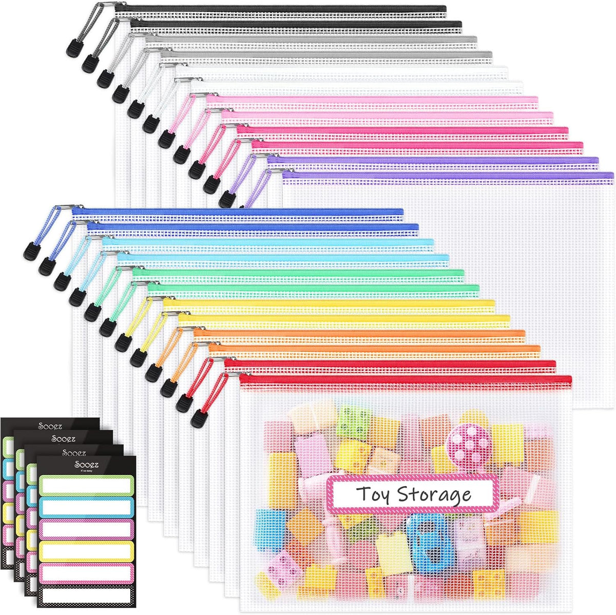 Sooez 24 Pack Mesh Zipper Pouch with Sticky Labels, A4 Mesh Bags Organizer