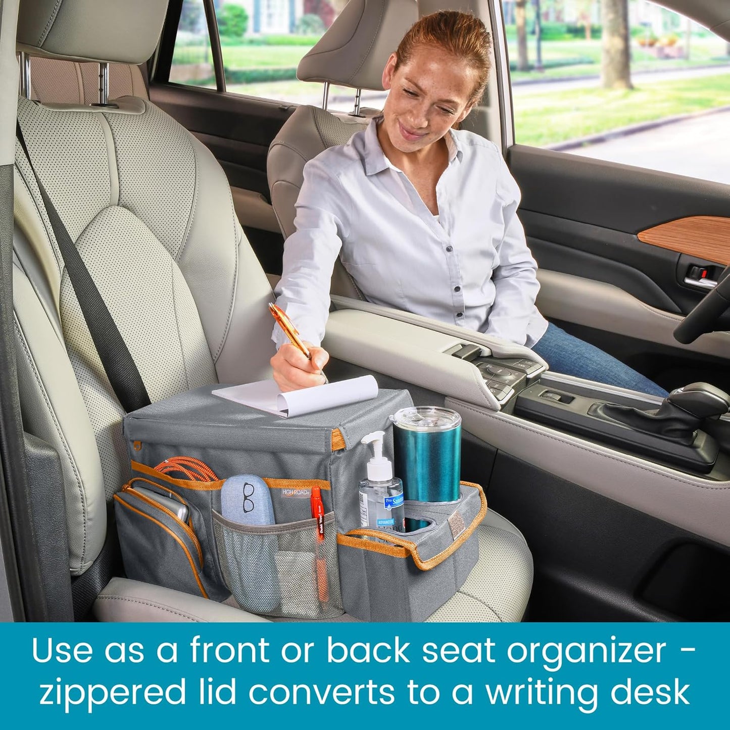 High Road CarHop Car Caddy Organizer with Road Trip Cooler, Car Cup Holder Bin, Sturdy Snack and Play Lid and 6 Organization and Storage Pockets, Gray