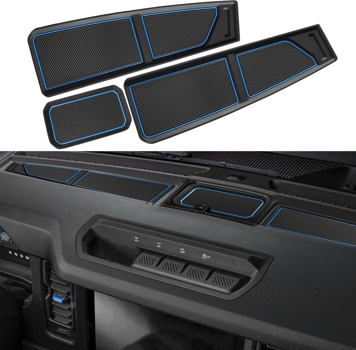 Silicone Dash Dashboard Cover Mat for Ford Bronco Accessories 2021 2022 2023 2024 2025 2026 Anti Dust Dash Pad Tray Insert Liners Compartments Mat for Bronco 2/4-Door 2Pcs Set (Black Trim)