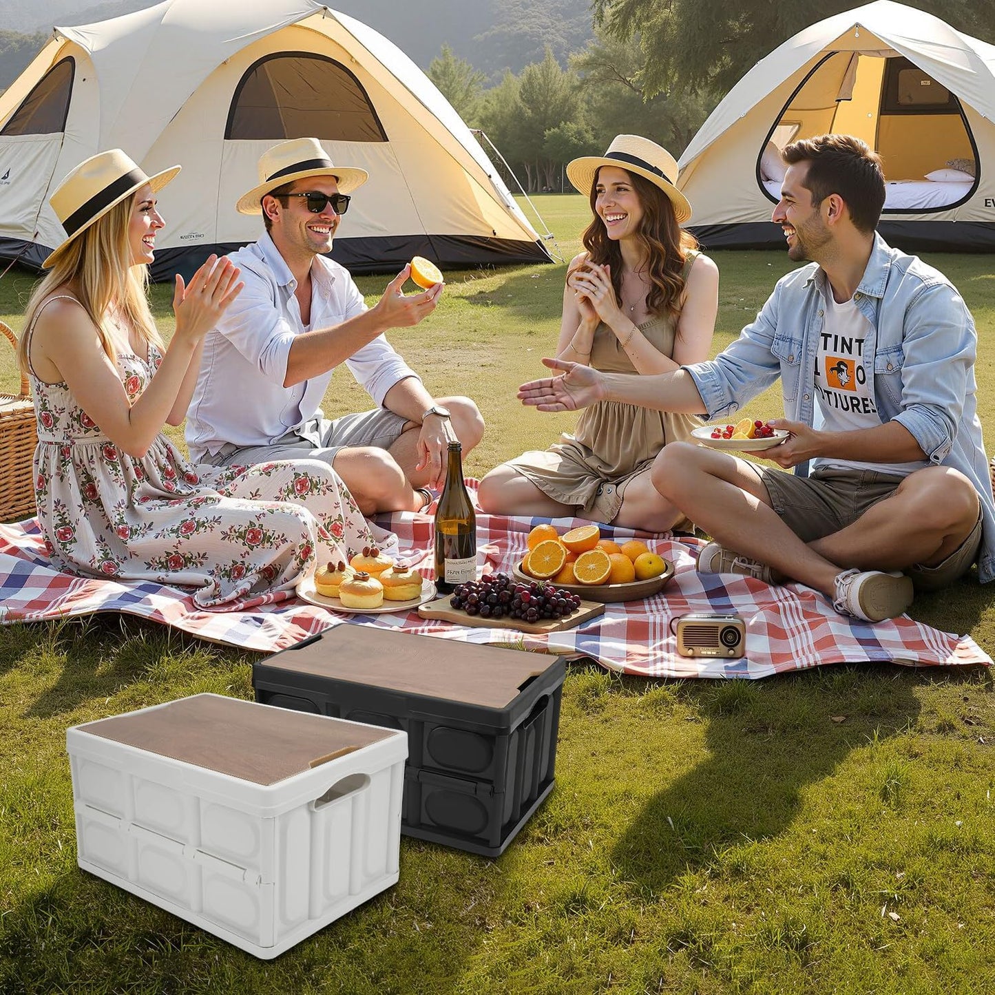 Collapsible Storage Bin with Wooden Lid | 30L/7.9Gal Folding Container | Camping & Car Organization|Home Sorting & Closet Storage|Sturdy Mdf Wood Cover|Stackable Design|16.5x11.2x9.3in(Black)