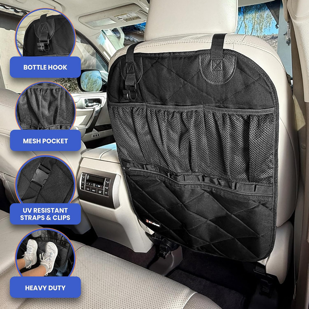 4Knines Car Seat Back Organizer – Heavy-Duty Kick Mat, Mesh Pockets, Black