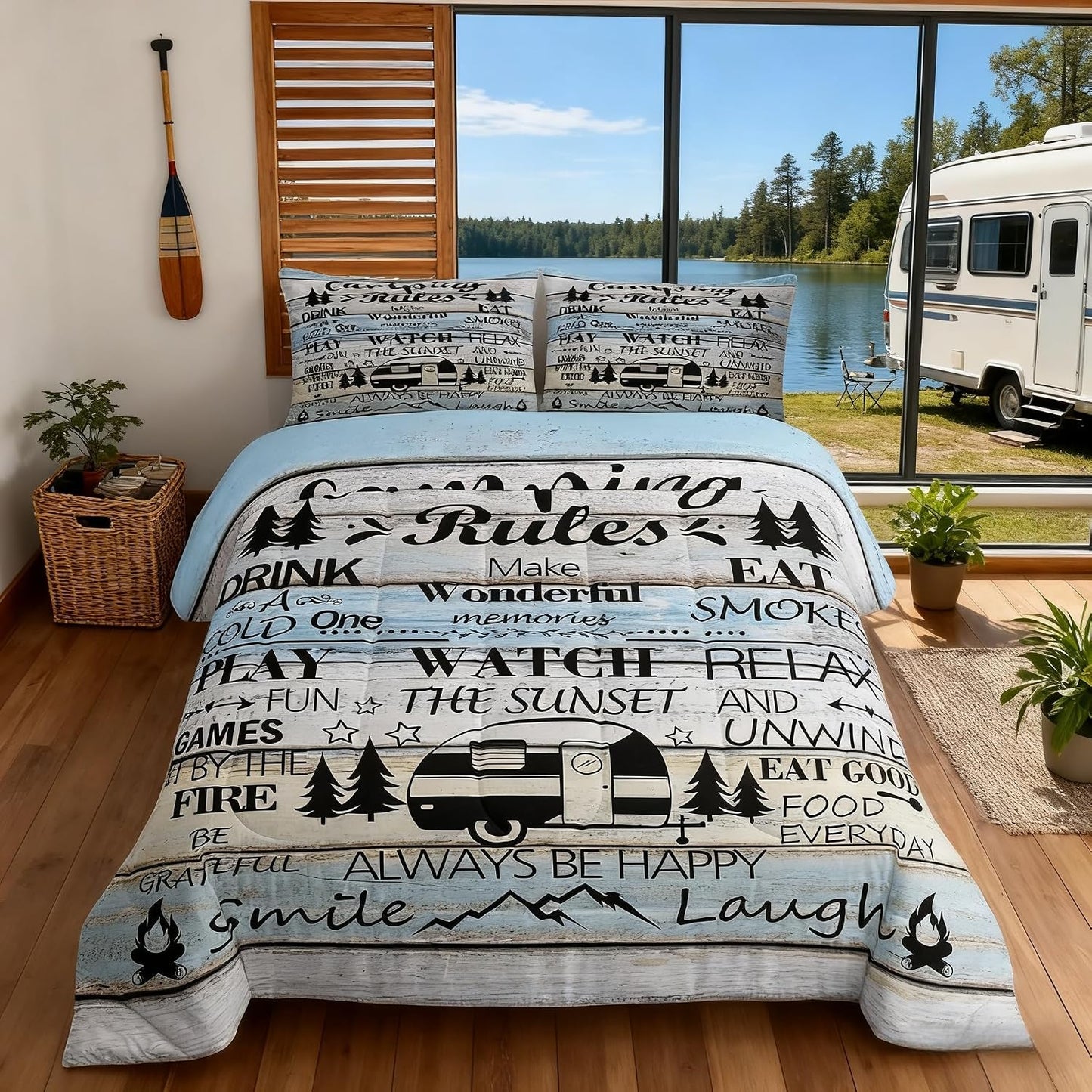 Manfei Rustic Adventure Camper Kids Comforter Set Twin Size,Happy Camping Cabin Lake House Bedding Set,Girls Boys Room Decor,Cottage Wooden Door Quilt Comforter,Country Duvet Insert,1 Pillowcase
