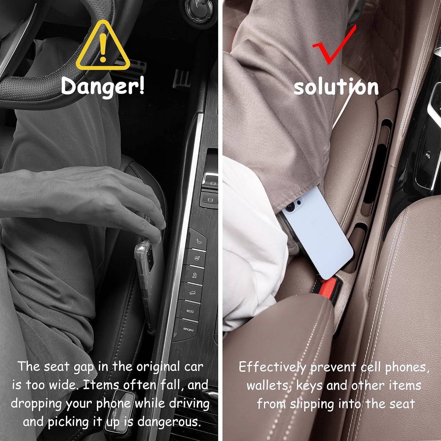 Car Seat Gap Filler Organizer with Dual Slots, 2 Pack Anti-Drop Storage Solution for Car SUV Truck - Prevents Phone, Keys, Wallet from Falling Between Seats (Brown)