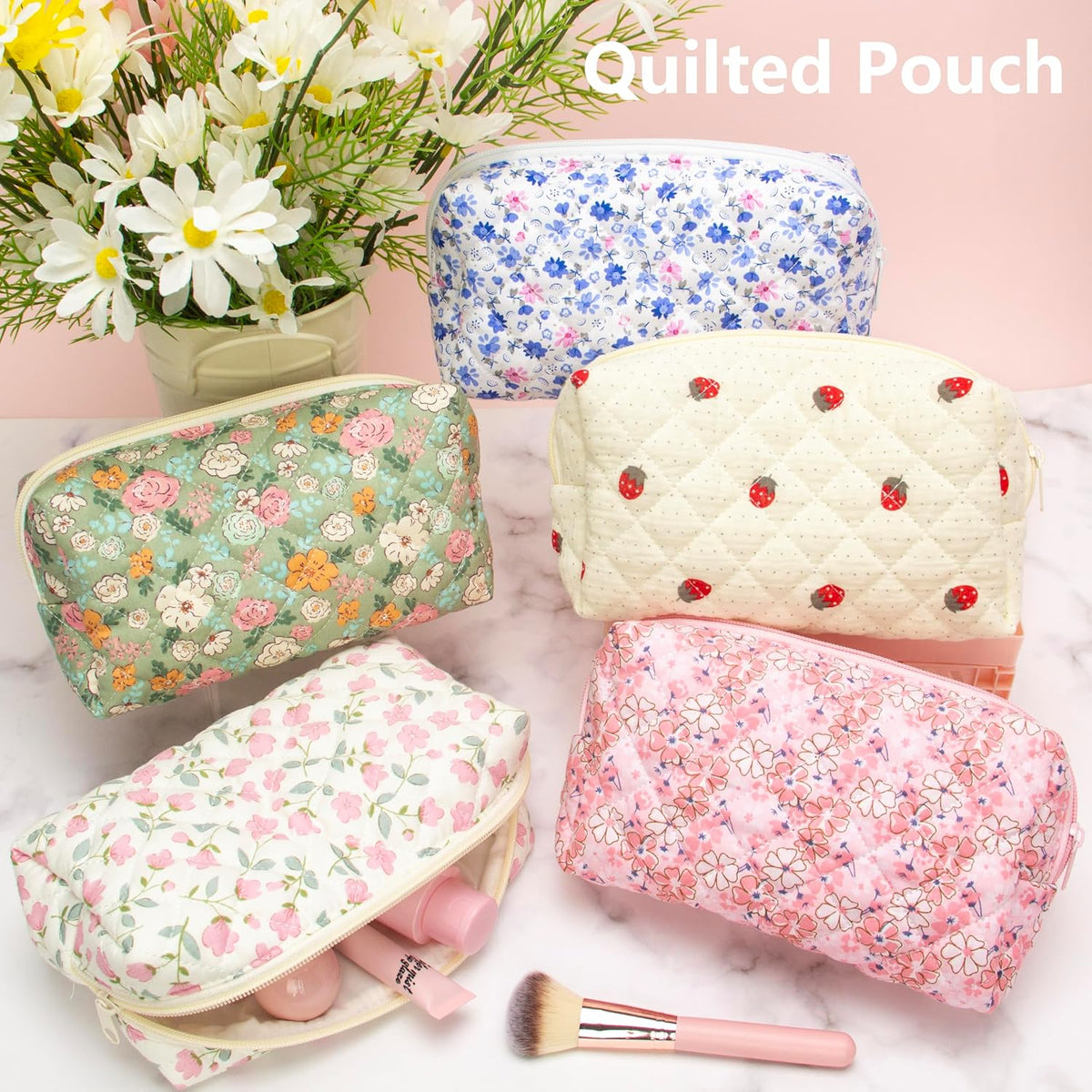 PAZIMIIK Small Quilted Makeup Bag,Zipper Cosmetic Pouch,Floral Blue,6 Pack