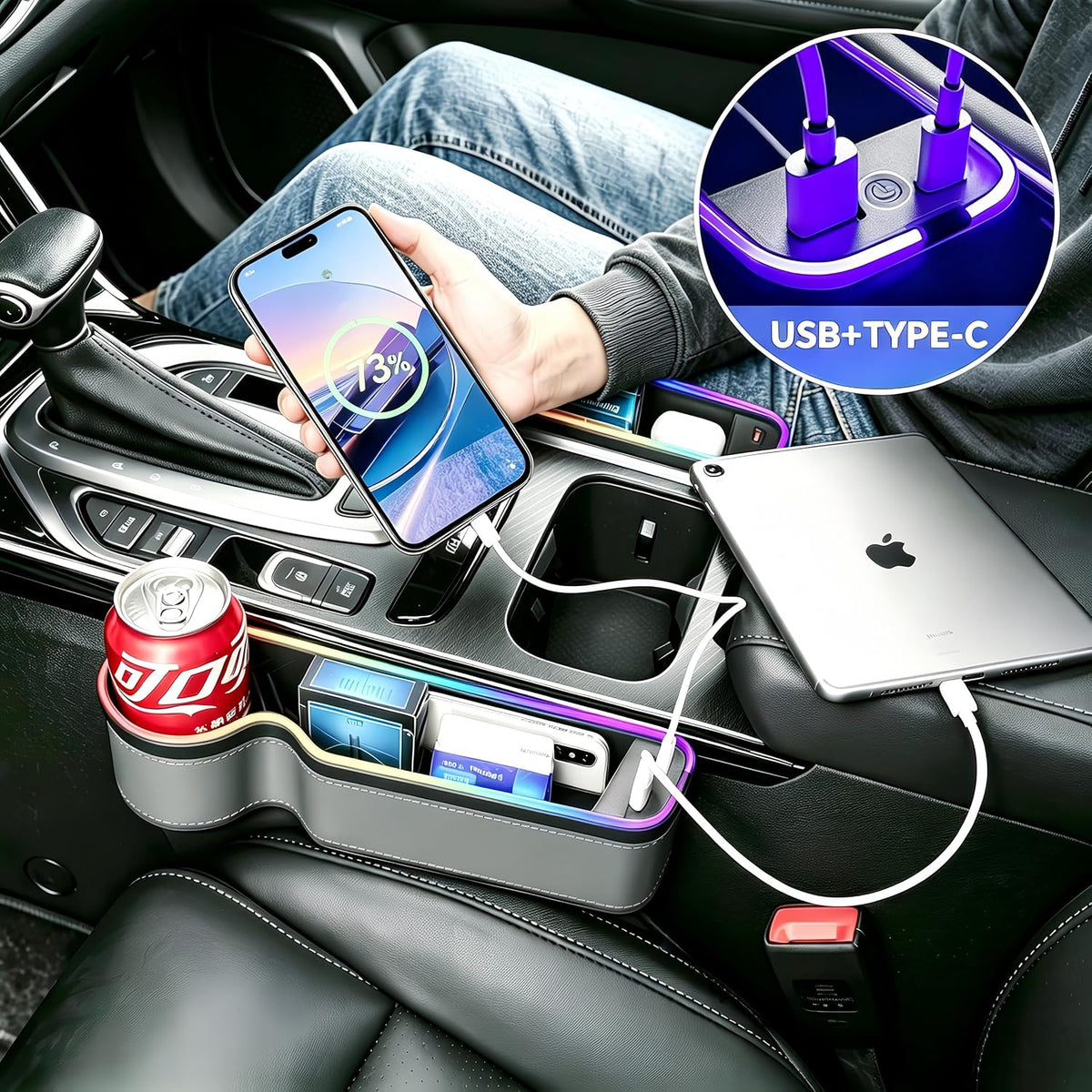 7 Color Led Car Seat Gap Organizer with 56W Cigarette Lighter Adapter,Grey