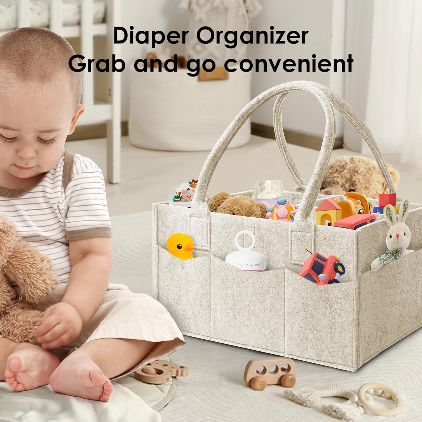 HIPHOP PANDA 2-Pack Diaper Caddy Organizer - Nursery Storage Bin & Car Organizer for Diapers, Wipes, and Baby Essentials - Dual-Color Solid Set (Grey/Oatmeal), Large Size