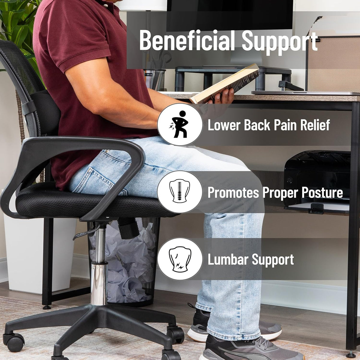 Mind Reader Lumbar Roll Pillow with Air-Cloud Memory Foam, Back, Waist & Hip Support, Breathable Cover & Adjustable Strap, Black