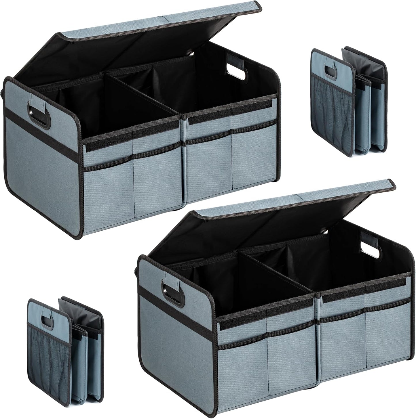 Simple Deluxe Car Trunk Organizer with Lid, Collapsible 2 Compartment 50L Automotive Storage Box with 5 Pocket, 600D Waterproof Oxford Polyester, Non Slip Bottom, Grey-Green, 2 Pack