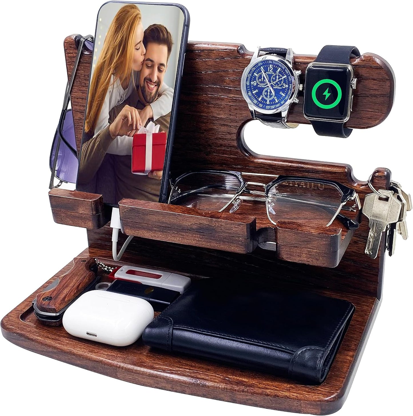 VEIYAILU Gifts for Men Women Dad Husband Boyfriend Wood Phone Docking Station Nightstand Organizer for Men Birthday Gifts (Dark Brown)