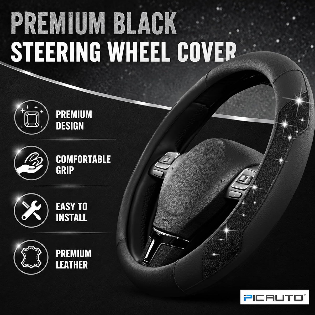 PIC AUTO Steering Wheel Cover, Black Sparkly Crystal Bling Glitter with Leather, Universal Fit 14.5"-15.5" Car Steering Wheels for Girls & Women, Anti-Slip Wheels Cover for Cars, Trucks, Van, SUVs