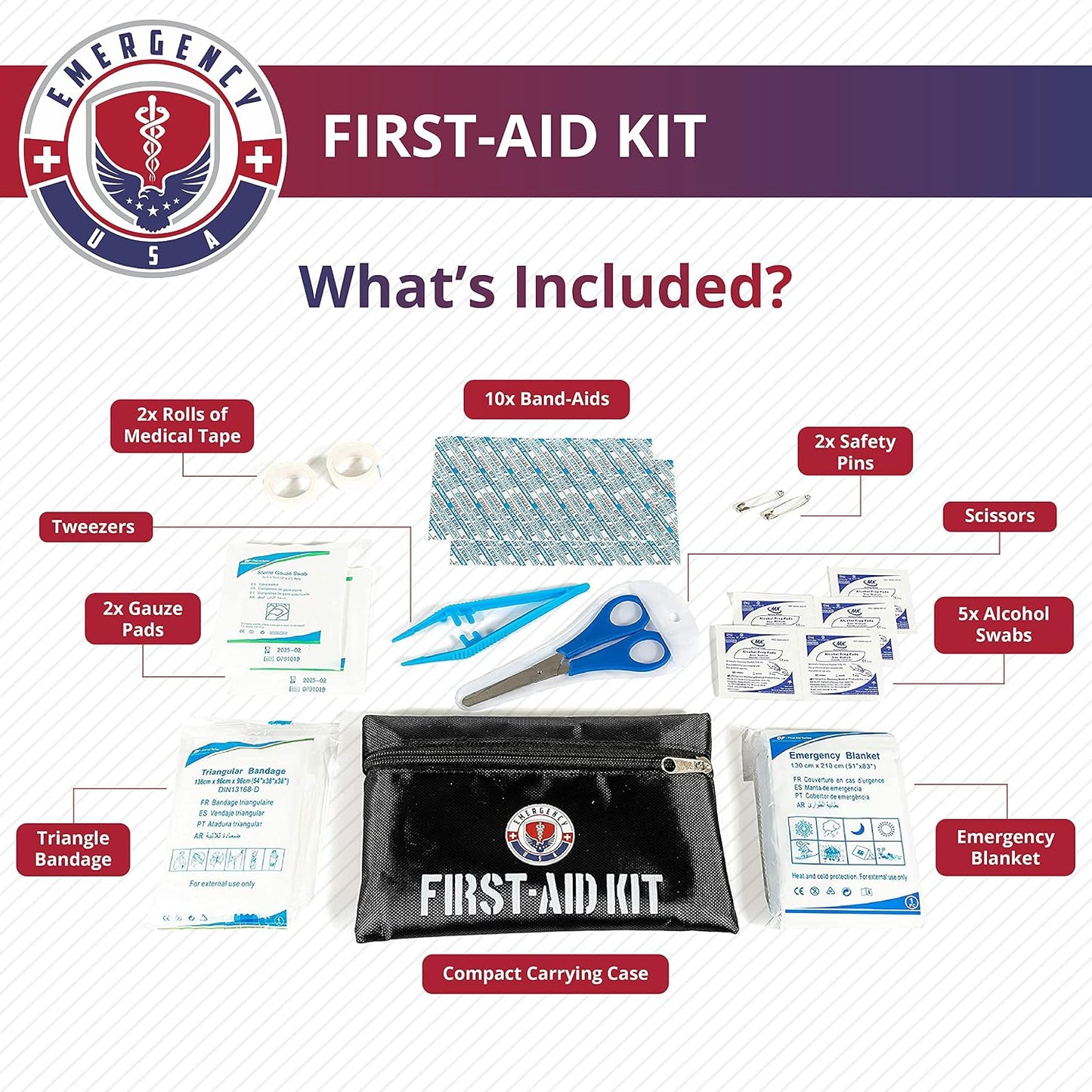 Roadside Car Emergency Kit - First Aid Set, Jumper Cables, Tow Strap, LED Flash Light, Rain Coat, Tire Pressure Gauge, Safety Vest and More (Black)