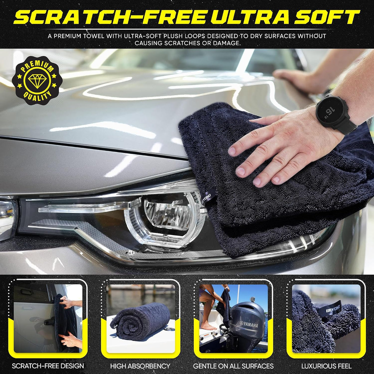 Beyond Drying Towel - Super Absorbent Large Premium Microfiber Detailing Towel for Cars and Boats - 24" x 36" Black