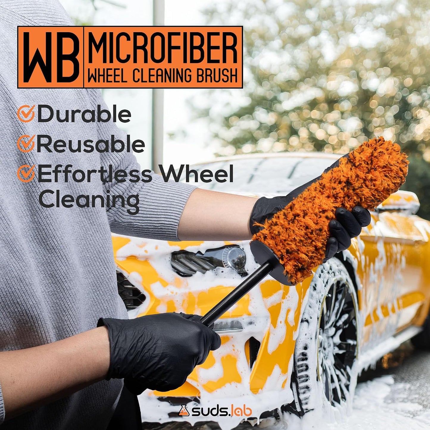 Suds Lab WB Premium Microfiber Cleaning Wheel Brush for All Vehicle Types – 18.1" Ultra-Soft & Scratch-Free Reusable Rim, Wheel, and Tire Brush with Ergonomic Handle