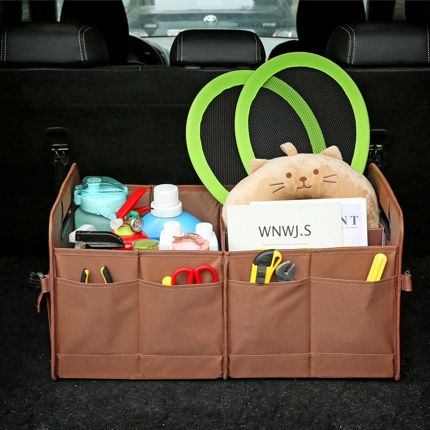 AOKJOY Car Trunk Organizer, Brown, Foldable, Non-slip, Adjustable, Multiple Compartments, 600D Oxford Cloth Material