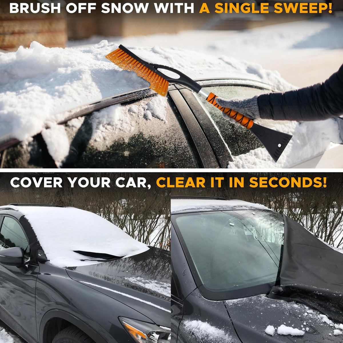 EcoNour Car Windshield Cover for Ice and Snow (69"x42") | Snow Brush and Ice Scrapers for Car (1 Pack) with Scratch Free Bristle Head | Winter Car Kit for Cars, Trucks, SUVs