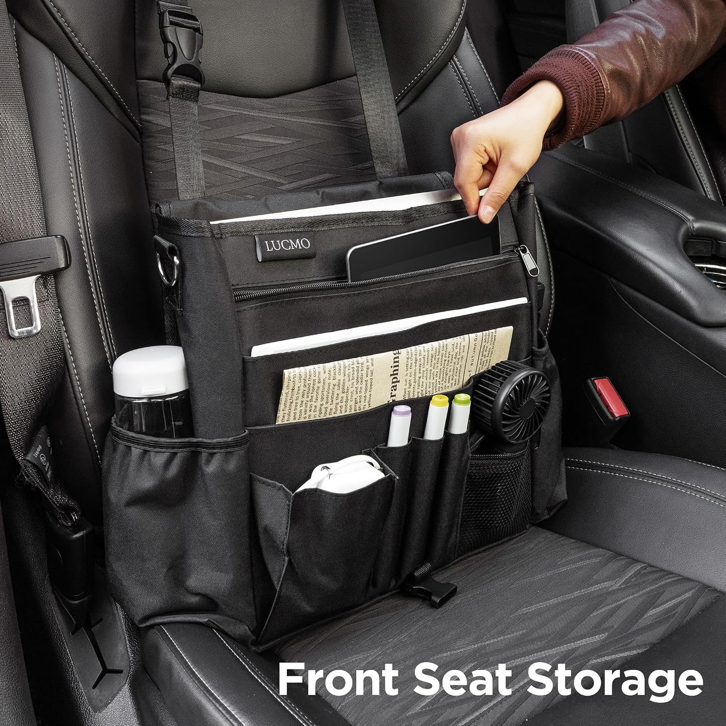 LUCMO Car Seat Organizer with Tablet and Laptop Compartment, Multiple Pockets Truck Front Seat and Backseat Organizer, Portable Large Capacity Office Bag with Adjustable Strap and Hardened Buckles