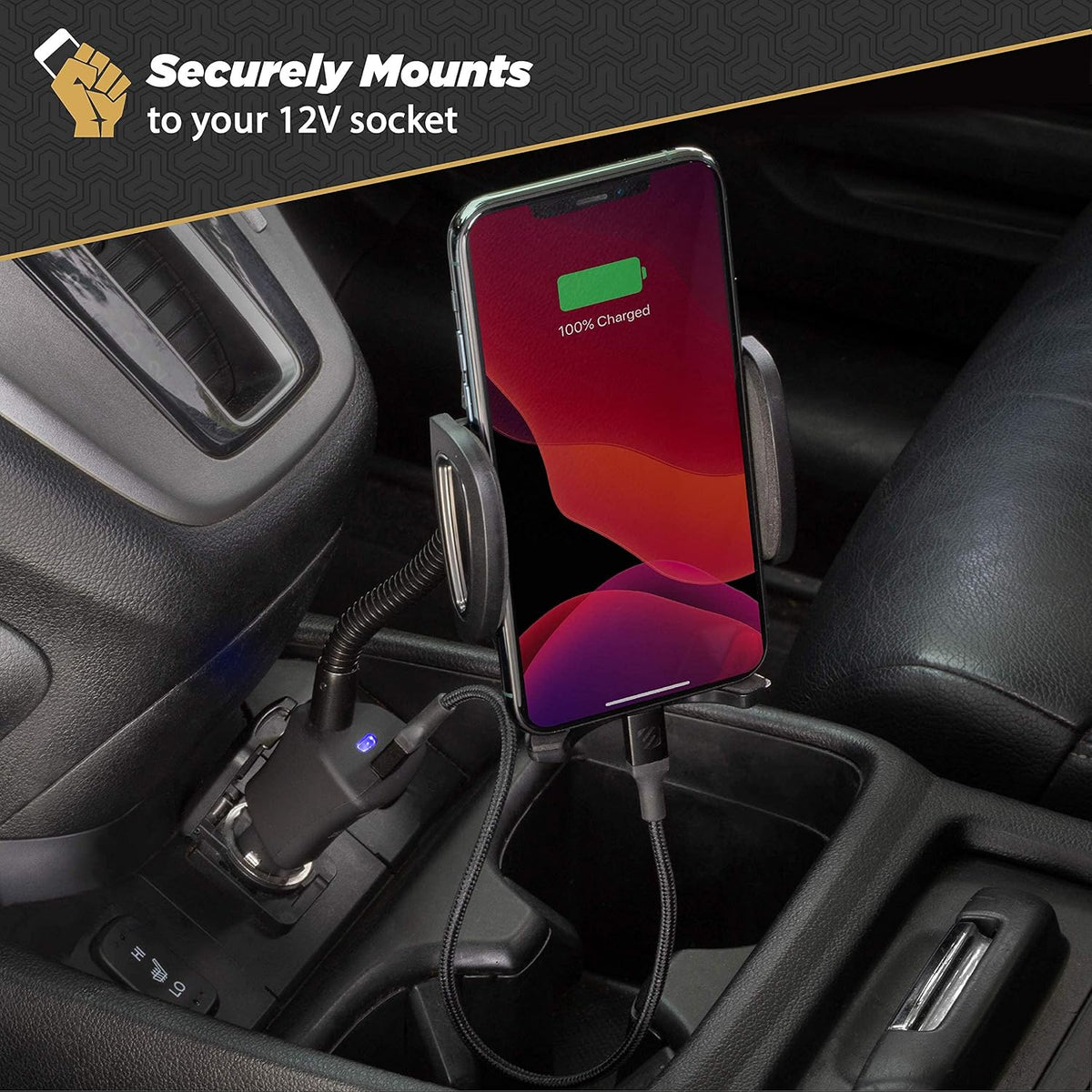 Scosche Universal 12V Car Phone Mount with USB Charger, Phone Holder with Cigarette Lighter Adapter for 12V Socket Plug-In, Flexible Gooseneck, Adjustable Cradle for iPhone & Android Cell Phones