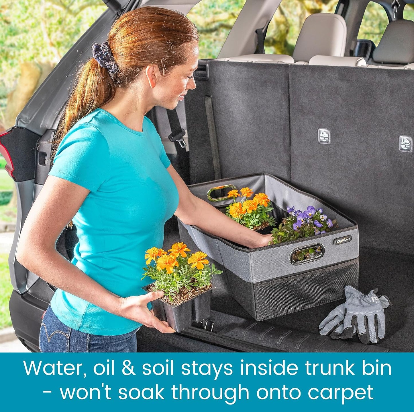High Road CargoCube Car Storage Bin - Leakproof Car Trunk Storage Organizer with Metal Handles and Front Mesh Pocket, 12x24 Inches - Single pack