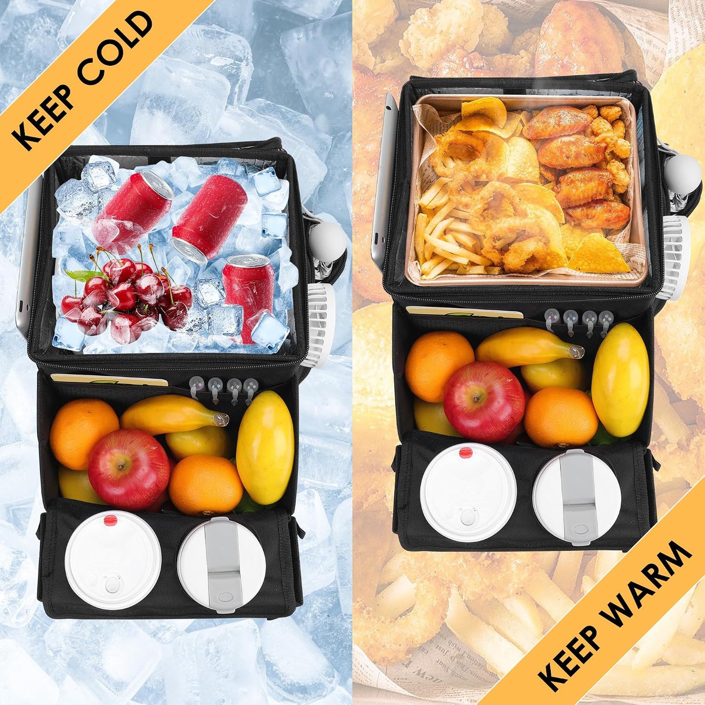 Car organizer for kids ，Backseat Organizer for Kids and Passenger Seat Organizer for Adults ，Car Seat Cooler and Warmer with Cup Holders and Convertible Tray Lid(Black)
