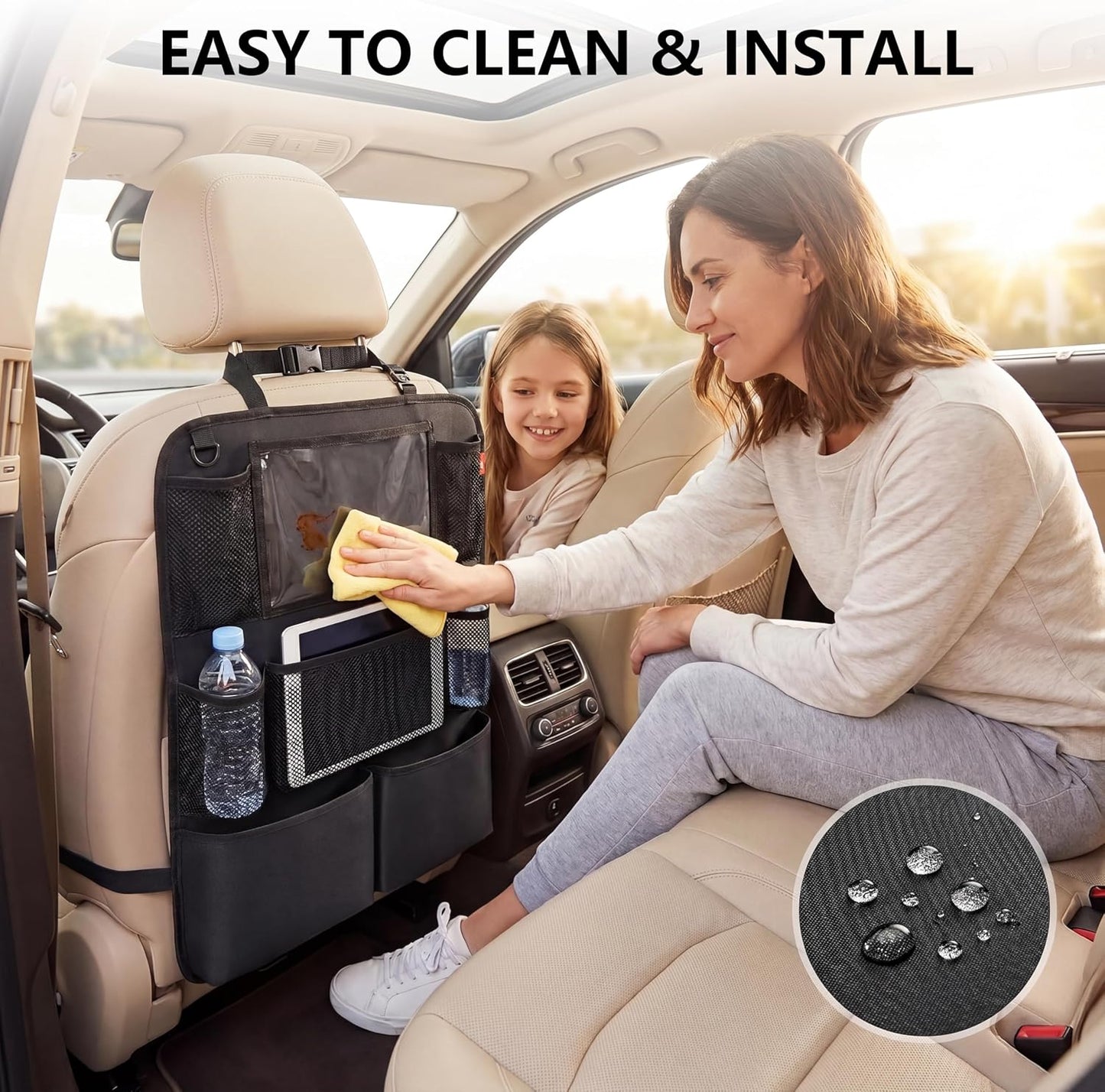 Backseat Car Organizer, backseat car organizer with 9 Pockets & Tablet Holder, Kick Mats for Car Seat Storage and Organization, 2 Pack, Black—Perfect for Travel.