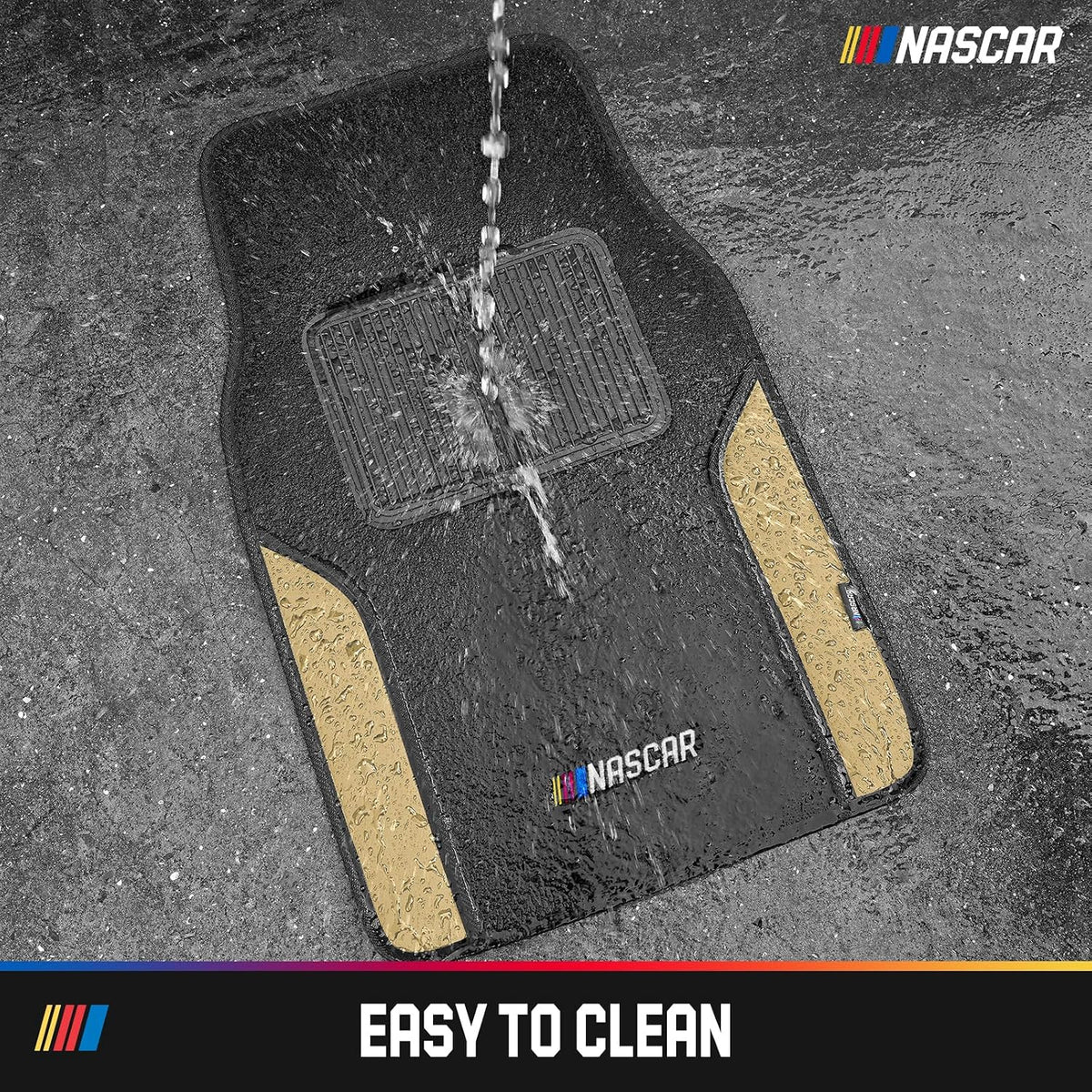NASCAR Car Floor Mats, Carpet & Beige Leather Design Car Mats, Universal-Fit All-Weather Car Floor Mats with Built-in Heel Pad & Anti-Slip Backing, Durable Odorless Automotive Interior Accessories