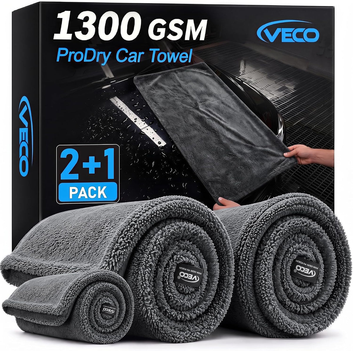 Veco 1600 GSM Car Drying Towel, 36x24 70/30 Microfiber, Gray