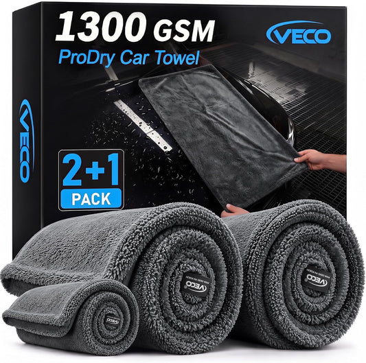 Veco 3-Piece Car Drying Towels, 1300 GSM 70/30 Twist-Loop Microfiber, Gray