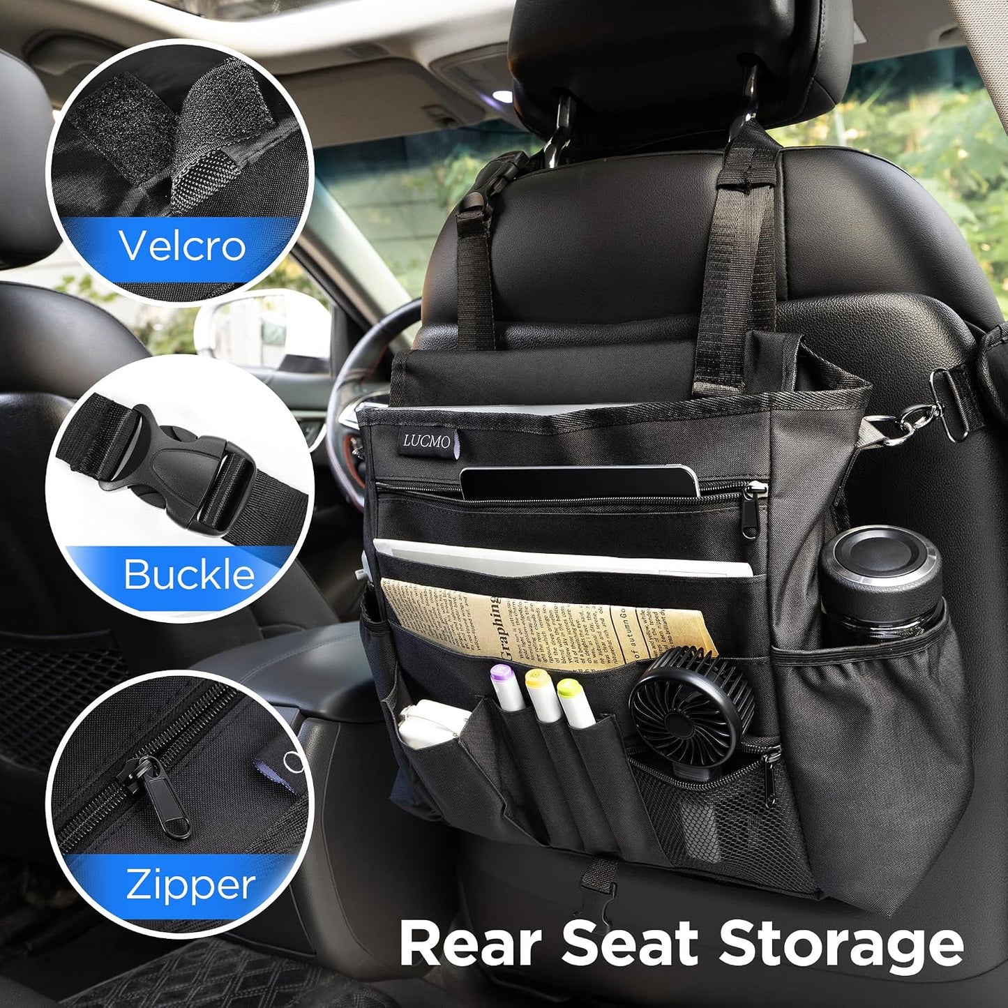 LUCMO Car Seat Organizer with Tablet and Laptop Compartment, Multiple Pockets Truck Front Seat and Backseat Organizer, Portable Large Capacity Office Bag with Adjustable Strap and Hardened Buckles