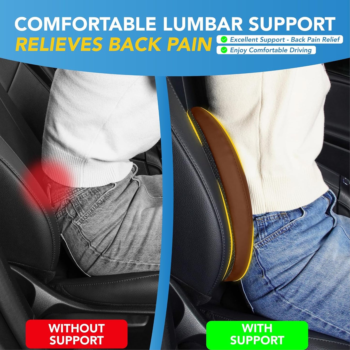 Lofty Aim Lumbar Support Pillow for Car, Car Seat Back Support for Driving | Memory Foam Car Lumbar Support for Driving Seat, Car Back Cushion, Adjustable Straps, Lower Back Pillow, PU Leather, Brown