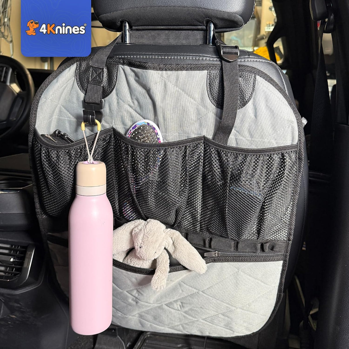 4Knines Car Seat Back Organizer – Heavy-Duty Kick Mat, Mesh Pockets, Grey