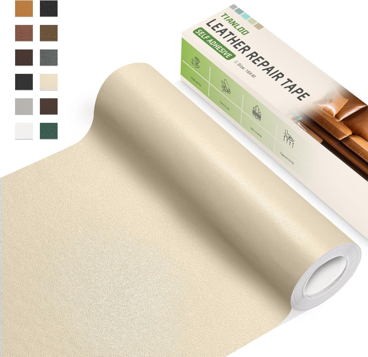 TIANLDD Leather Repair Tape,16 x 80 Inches Self Adhesive Leather Repair Patch，Leather Repair Kit for Furniture，Couches,Car Seats,Cabinets,Handbags(Beige-Fine Lines)